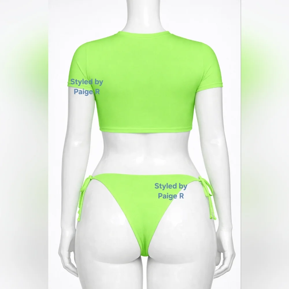 ❤️NWT SKIMS 2 Piece Swim T Shirt Top Dippy tie String Bikini Set NEON GREEN 3X